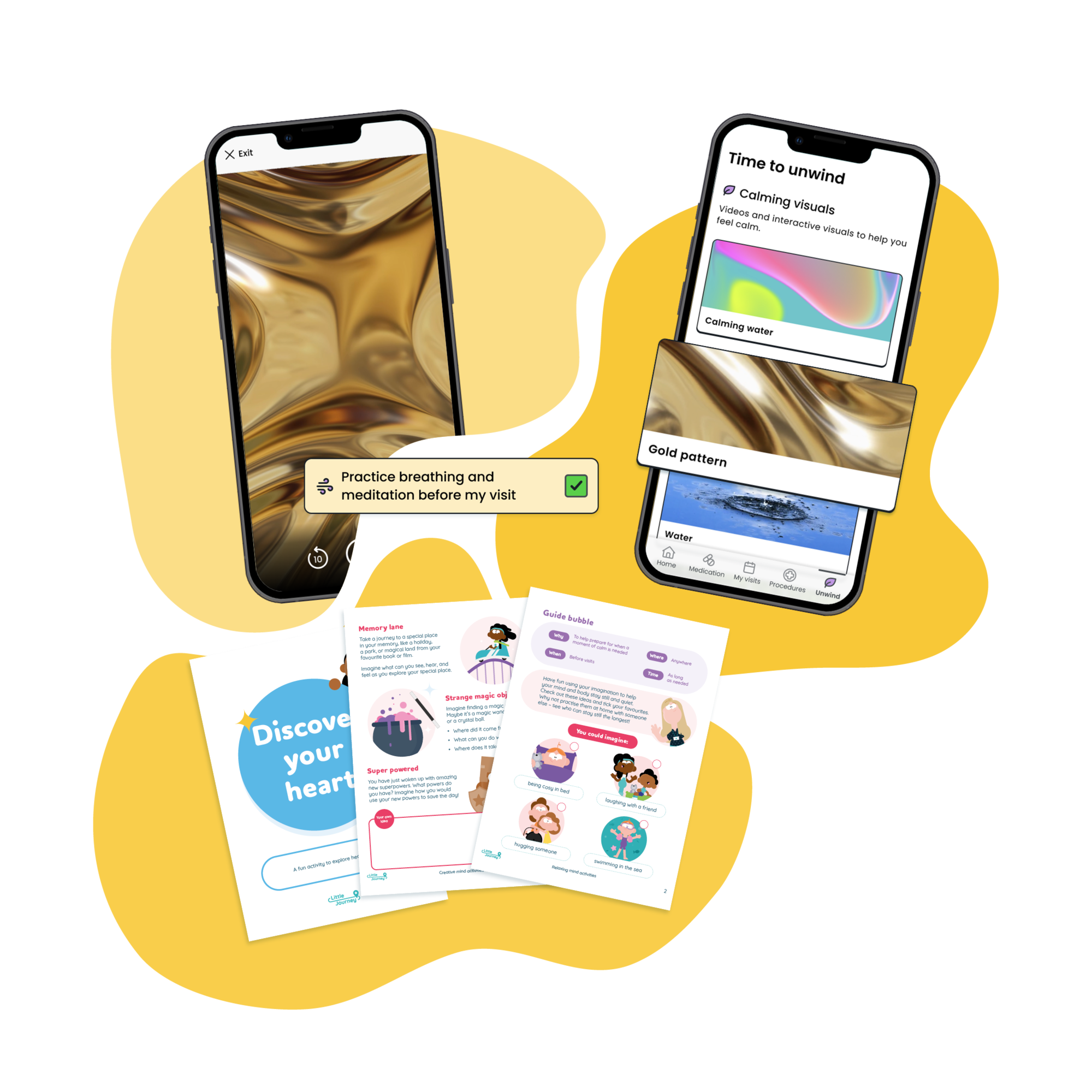 Phone screens showing a sample of Trial Flow's emotional support features Phone screens showing a sample of Trial Flow's emotional support features