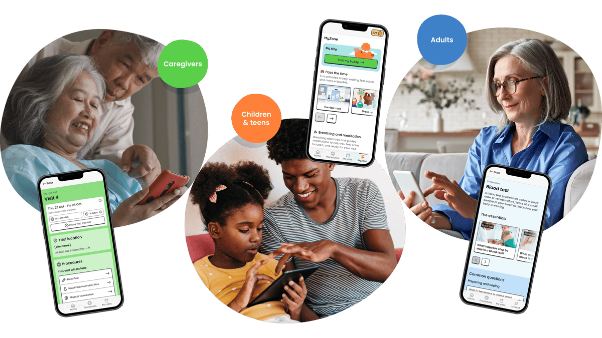 Images of caregivers, children and teens and adults using the Trial Flow app. Images of caregivers, children and teens and adults using the Trial Flow app.