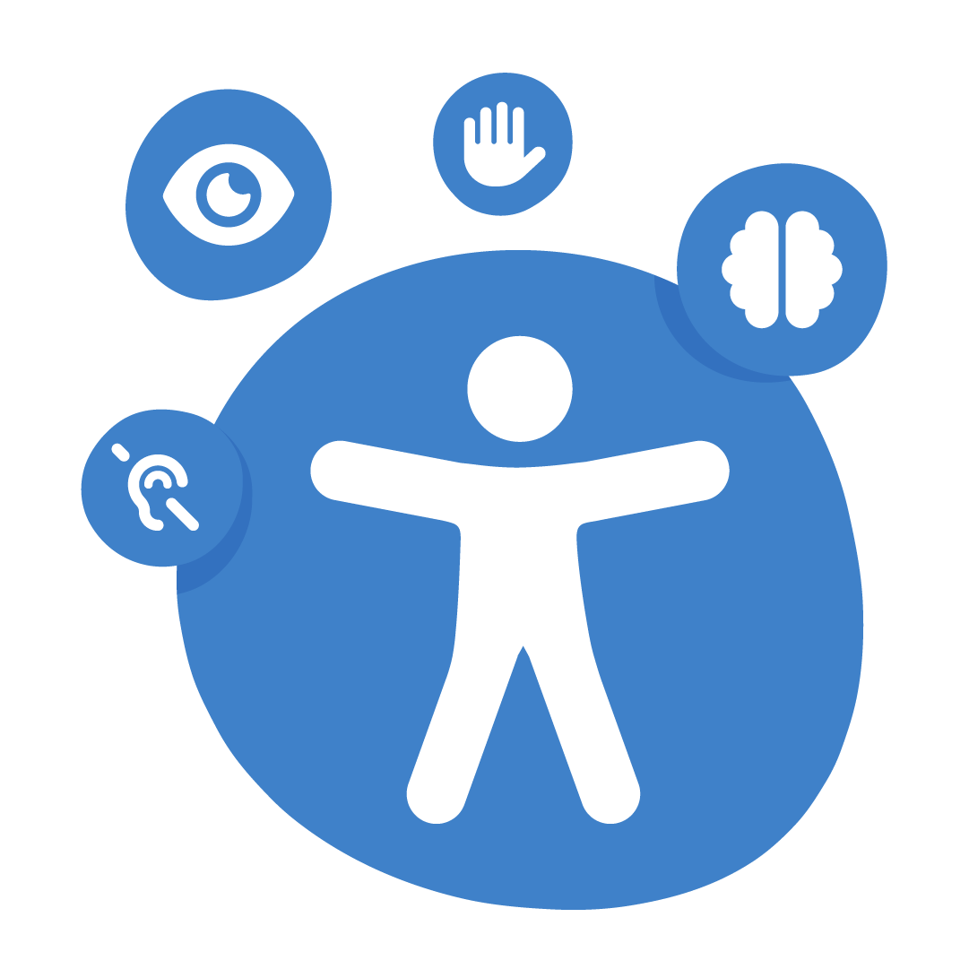 A group of accessibility icons representing visual impairments, access for hearing loss