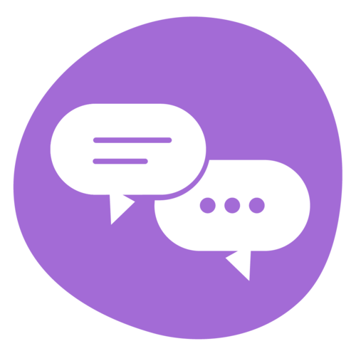 Two white speech bubbles are in a purple circle