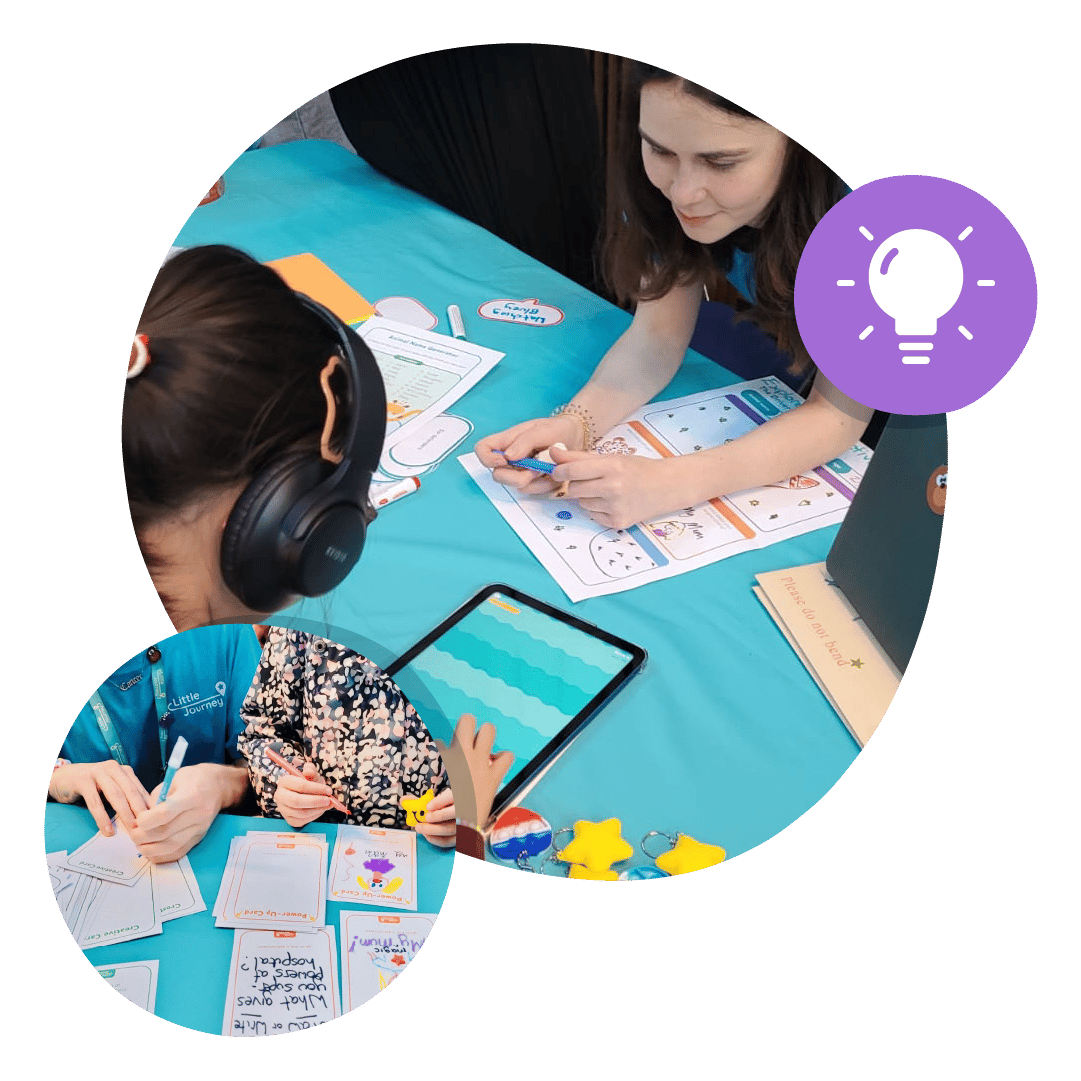 A child is interacting with a bubble pop game on an iPad, while being supervised. Below, two people are participating in a colouring activity