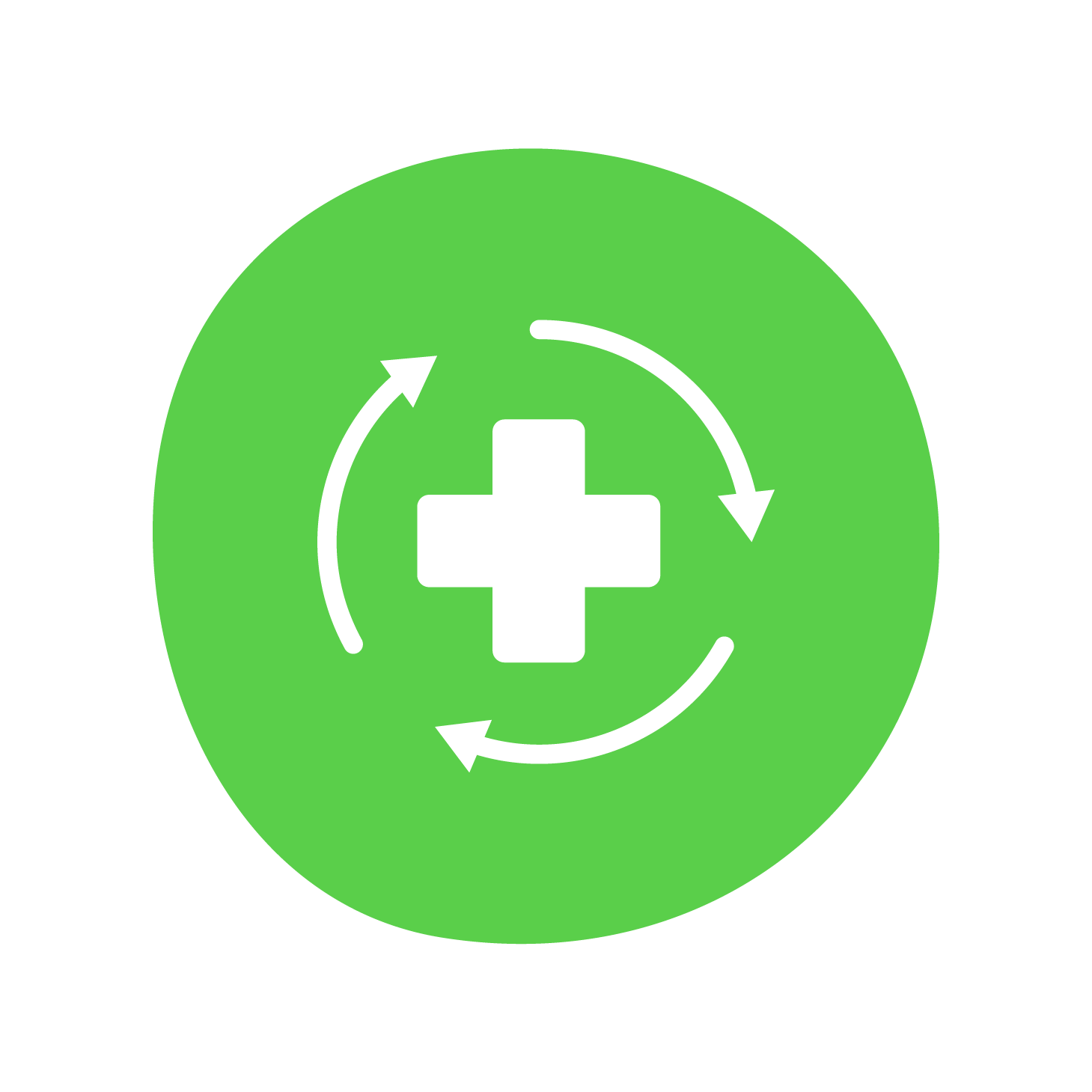 An icon of a plus symbol with three arrows rotating around it clockwise on a lime green circular background