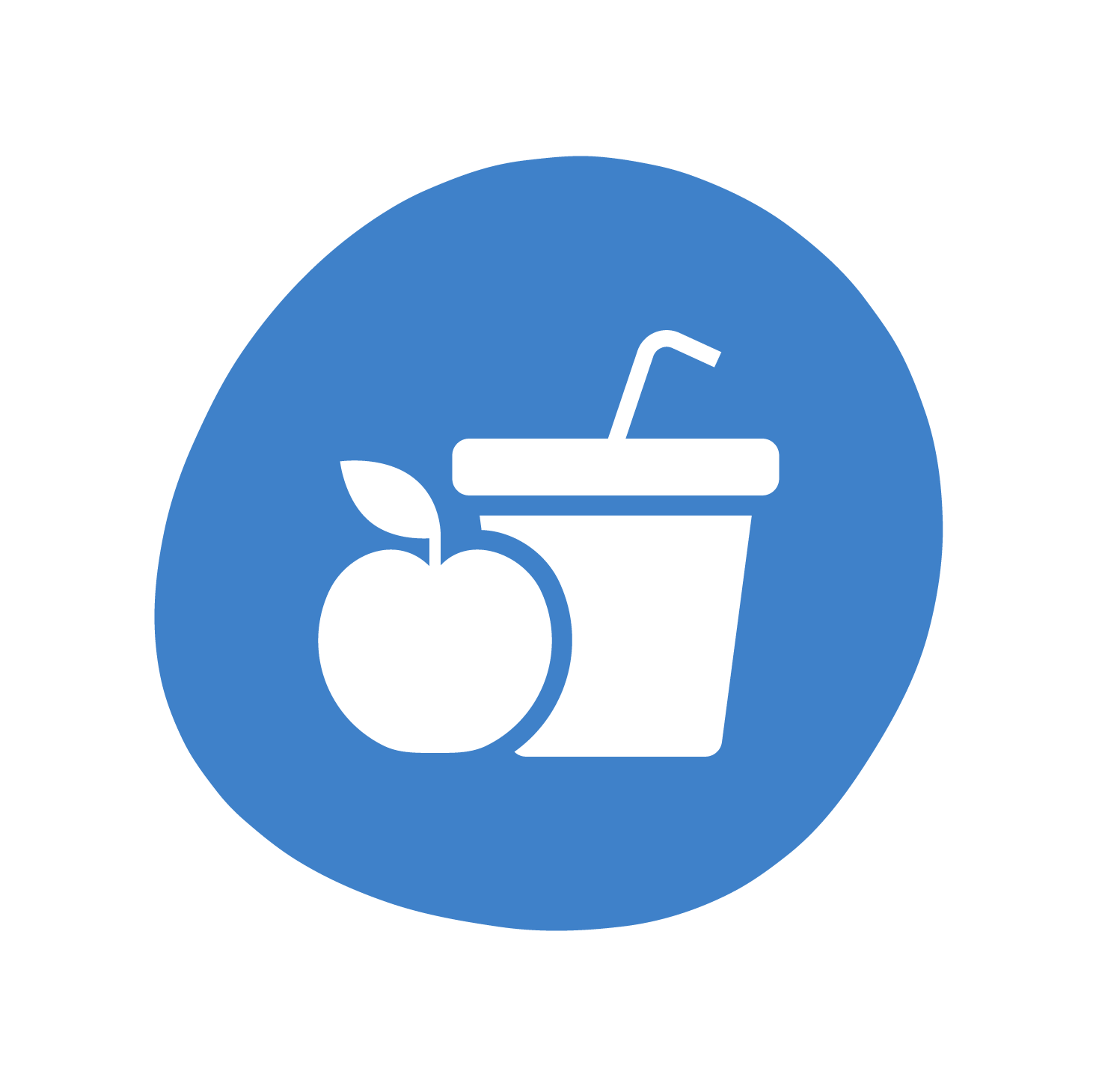 A white icon showing a drinks cup with an apple next to it on a dark blue circular background