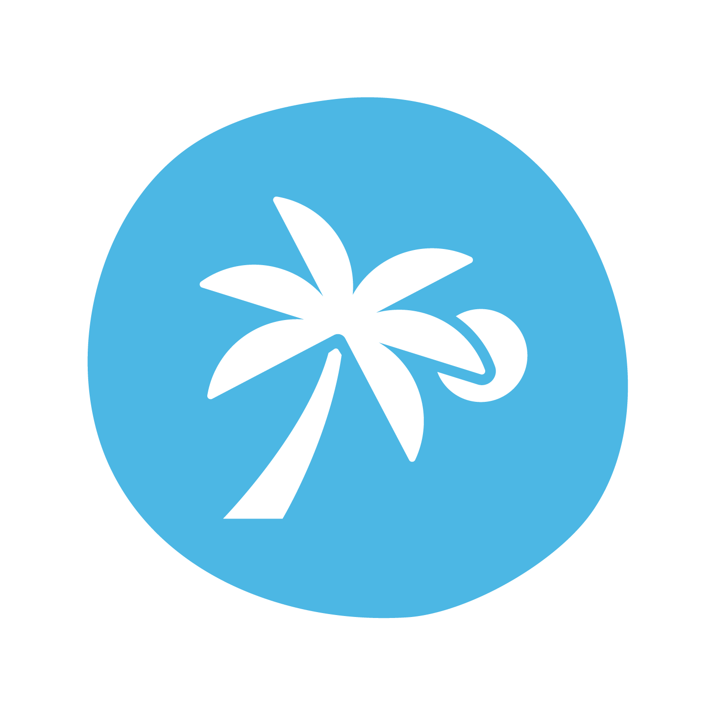 A white icon showing a palm tree and sun on a light blue circular background