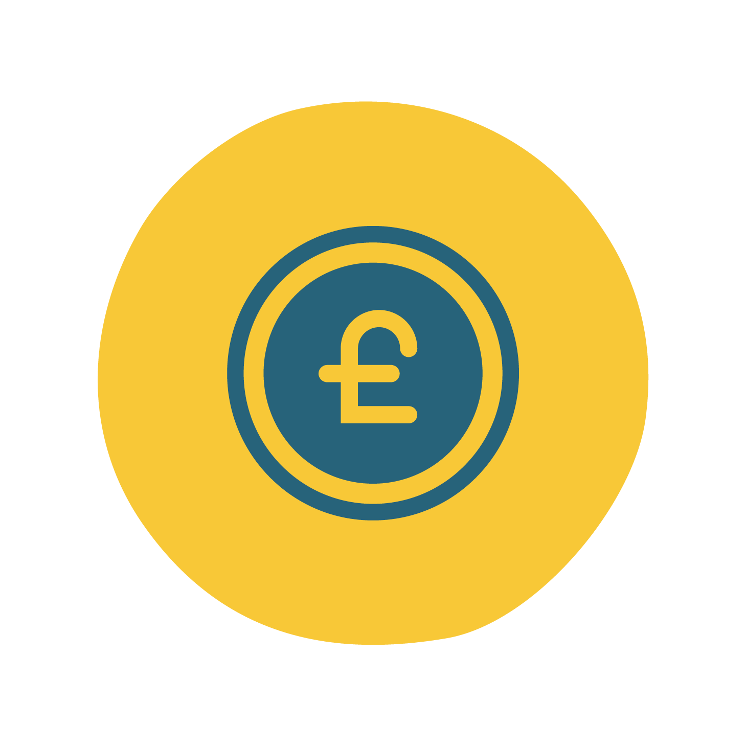 A dark blue icon of a coin with the Great British Pound symbol in the centre on a yellow circular background