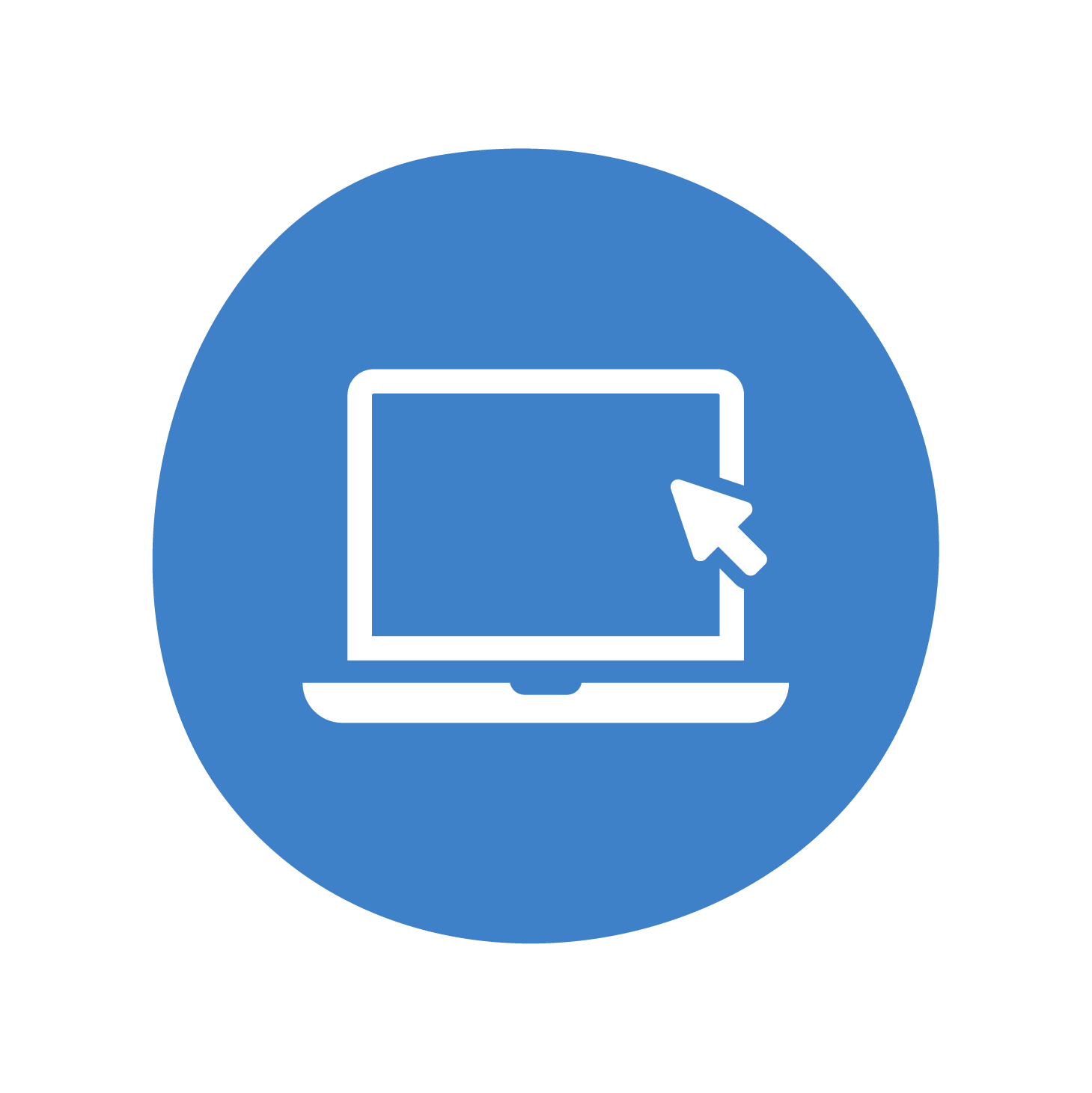 An icon of a laptop, with the mouse curser in the top corner on a blue circular background