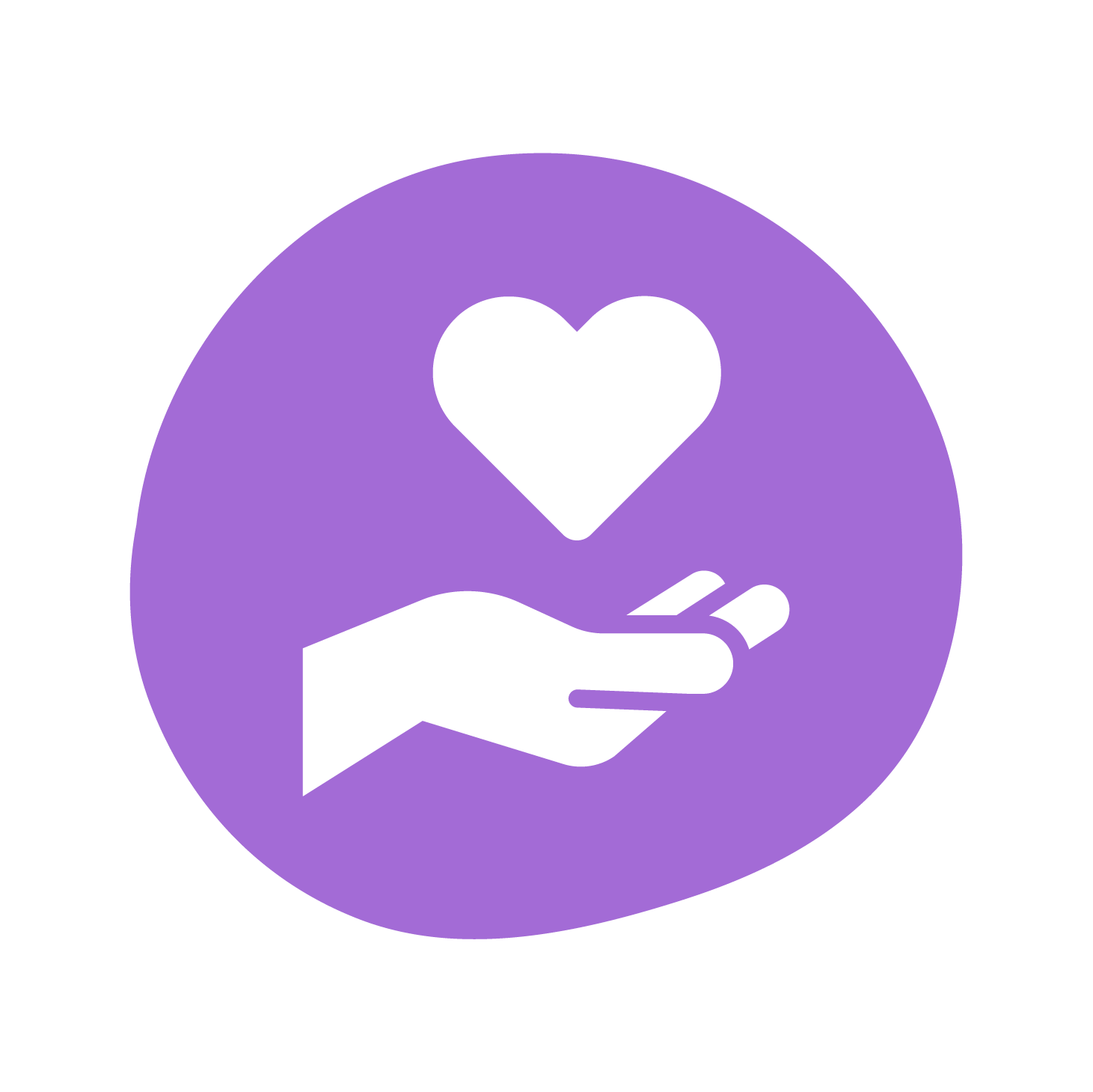 A cupped hand with a love heart floating above it on a purple circular background