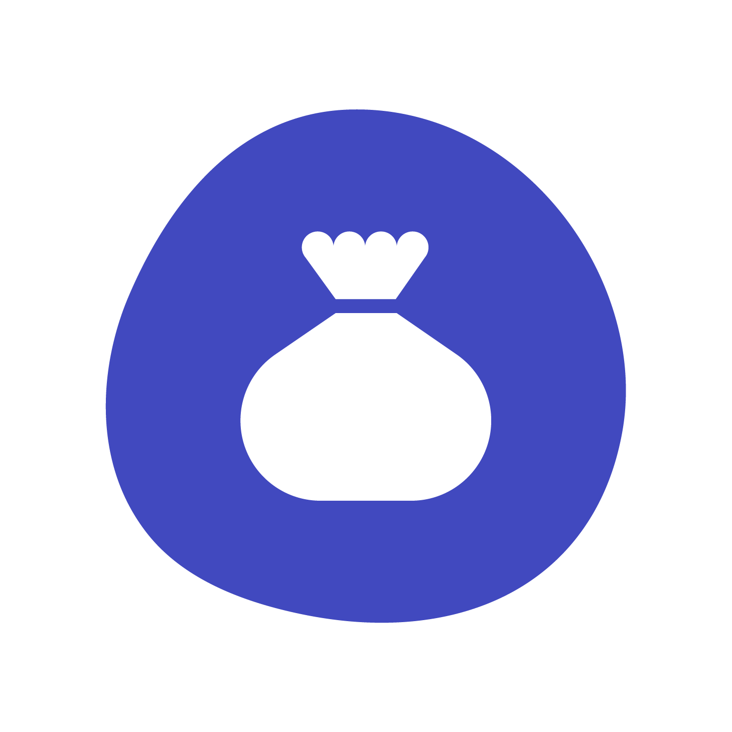 A white pouch icon on a dark blue circular background