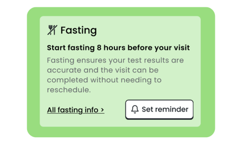 Example fasting reminder 8 hours before visit