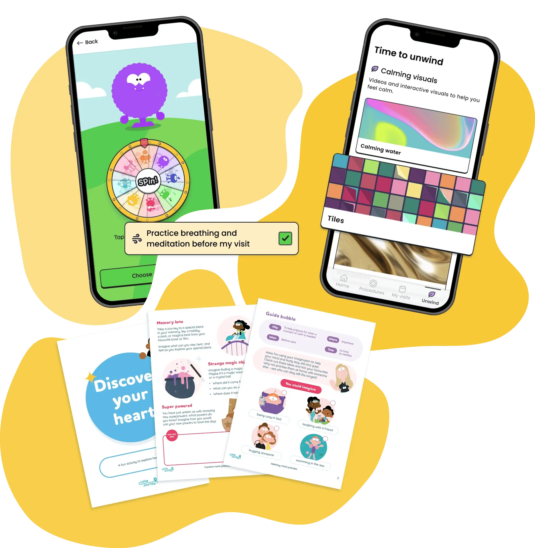 Phone screens showing a sample of Trial Flow's distraction and coping support features Phone screens showing a sample of Trial Flow's distraction and coping support features