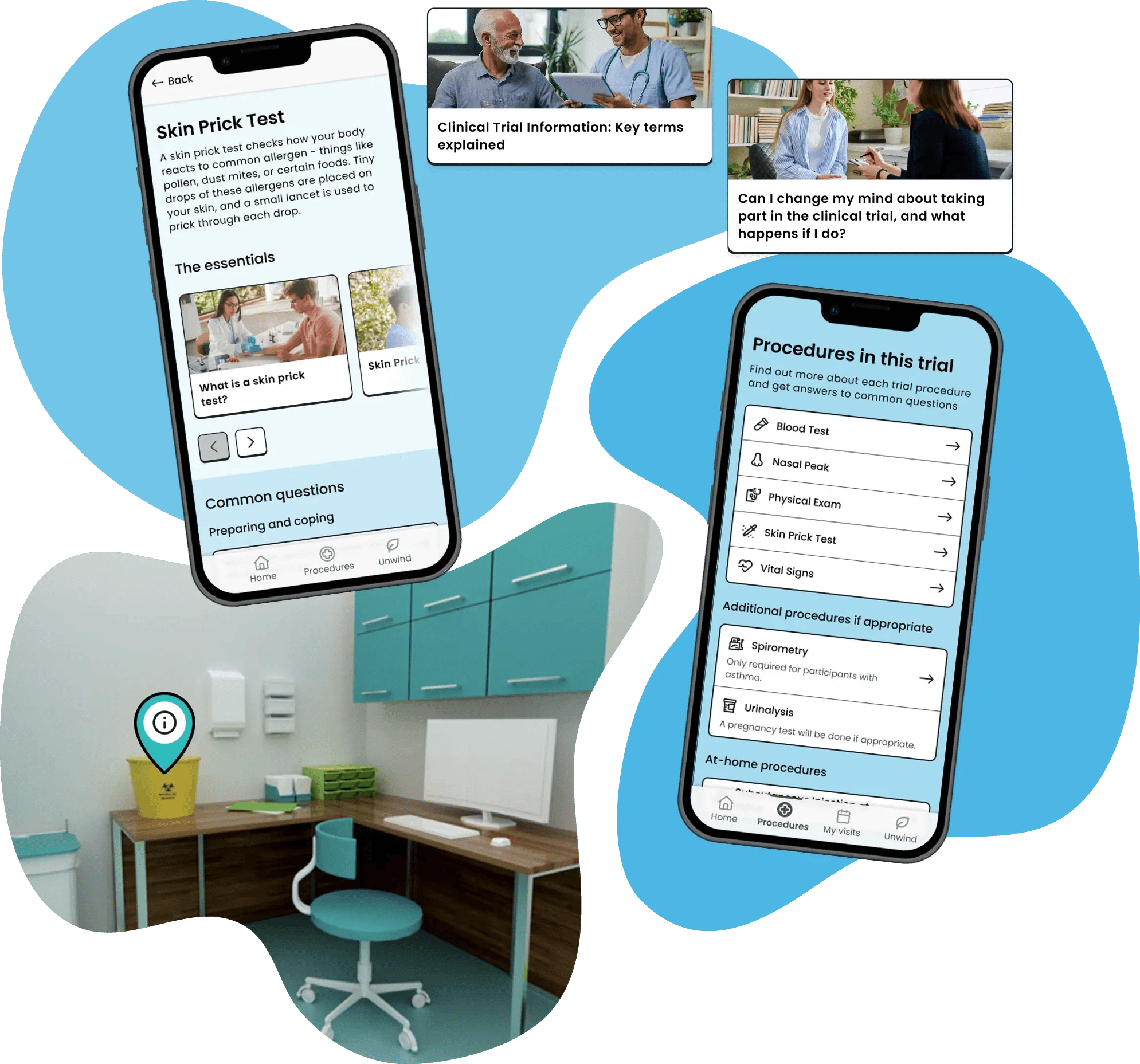 Phone screens showing a sample of Trial Flow's educational support features Phone screens showing a sample of Trial Flow's educational support features