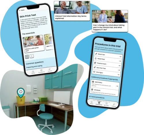 Phone screens showing a sample of Trial Flow's educational support features Phone screens showing a sample of Trial Flow's educational support features