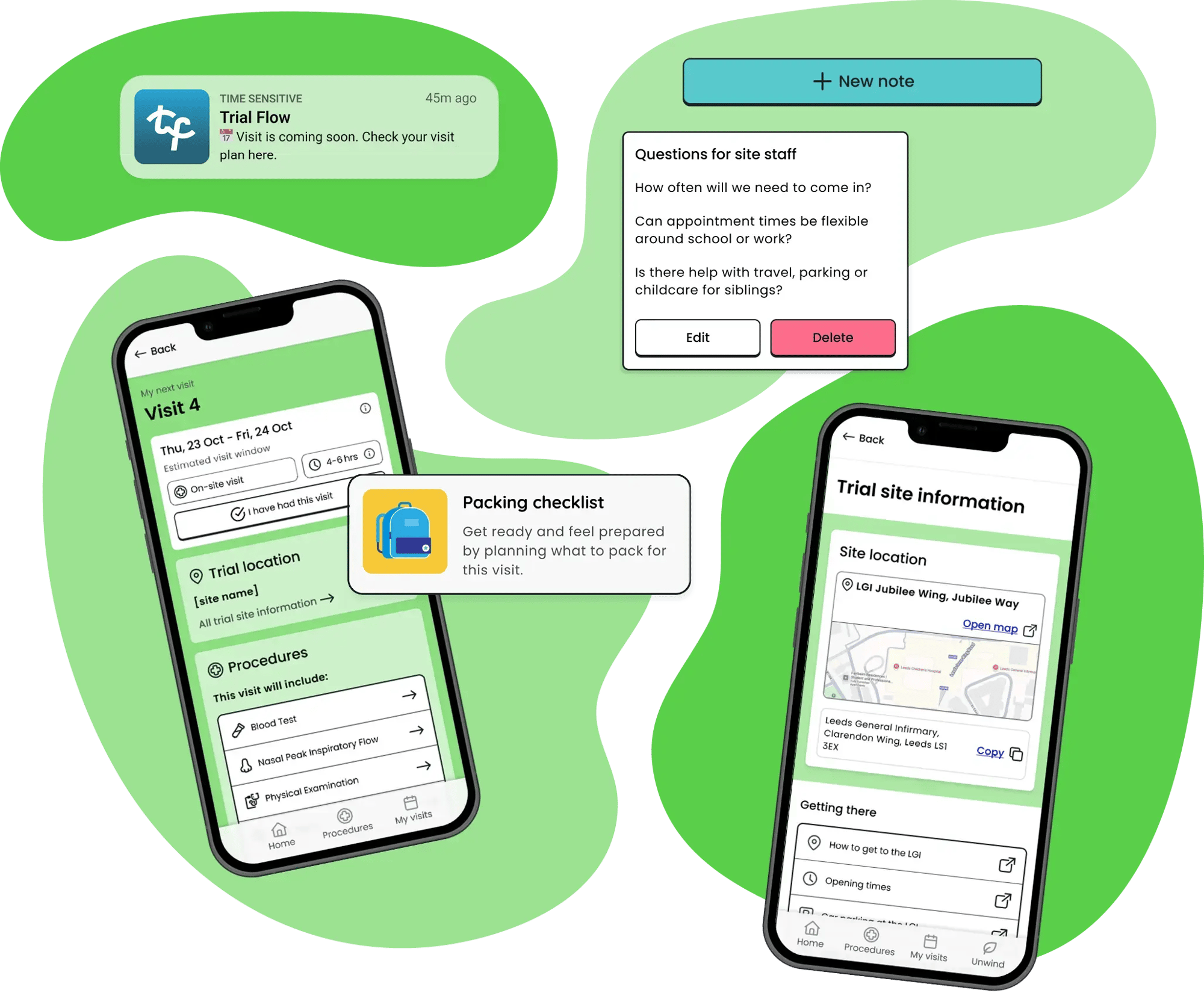 Phone screens showing a sample of Trial Flow's logistical support features Phone screens showing a sample of Trial Flow's logistical support features