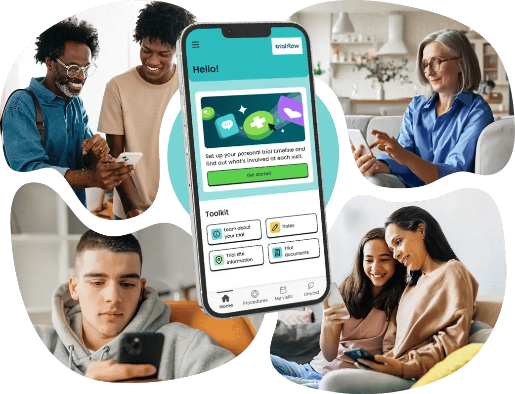Trial Flow app home screen supporting patients of all ages and their caregivers