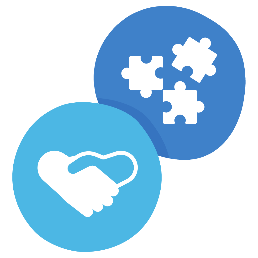 In one circle, there is an icon showing shaking hands. In the second circle, there are three jigsaw pieces