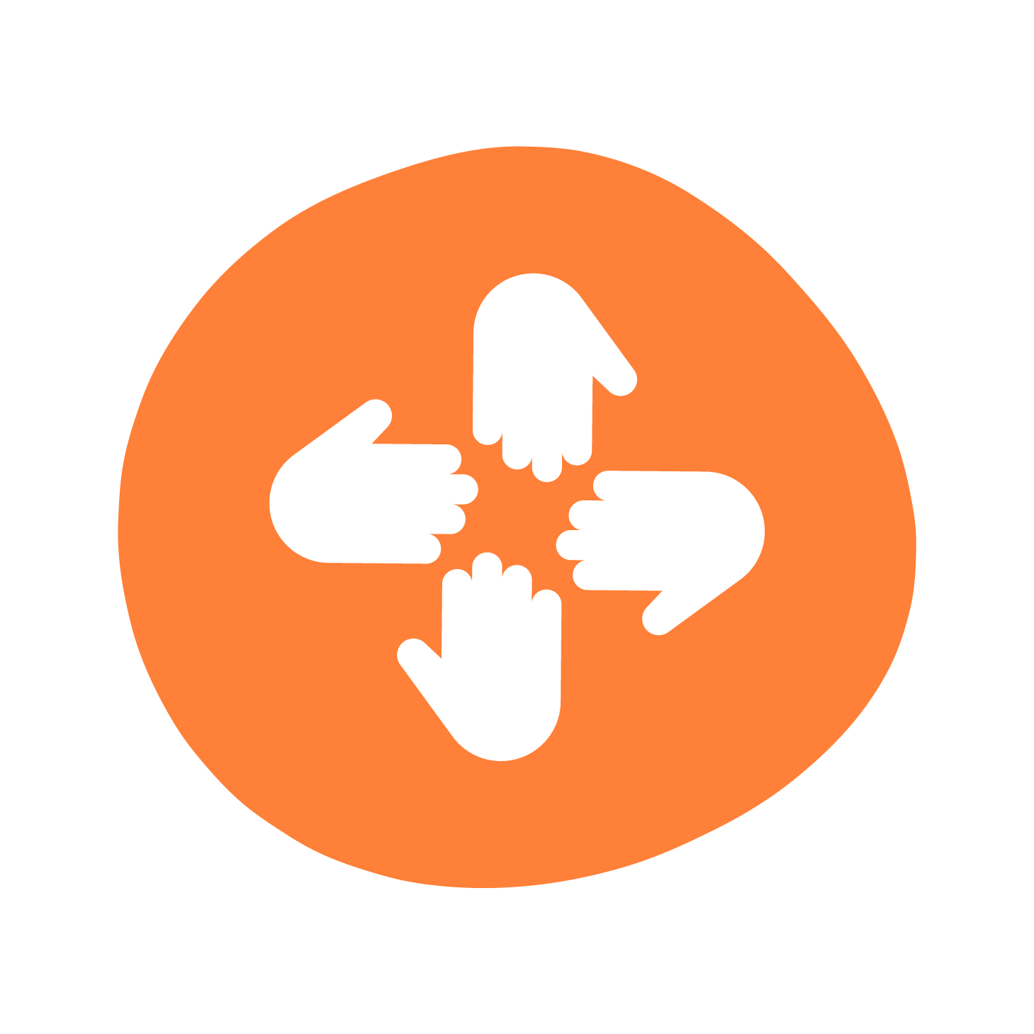 Four icon hands are reaching towards each other on an orange circular background