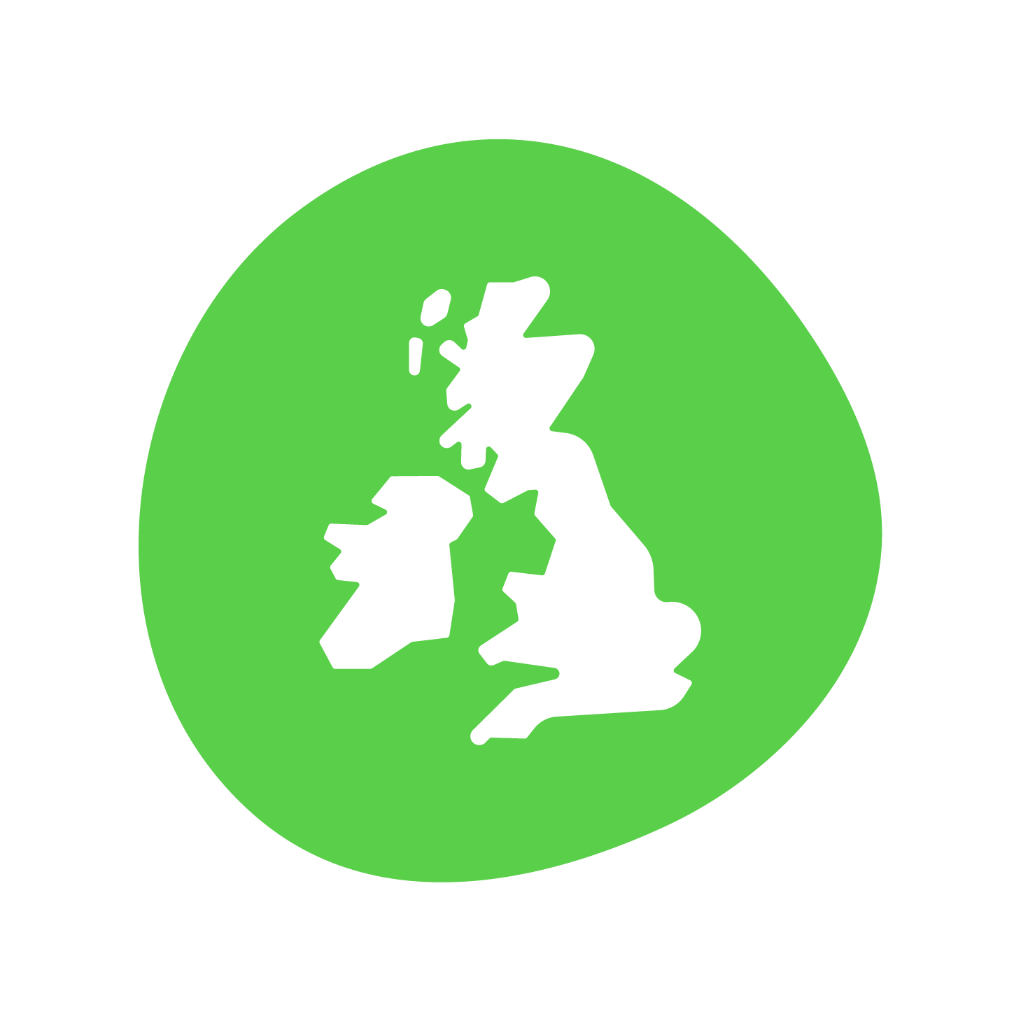 A white map of the United Kingdom on a lime green circular background